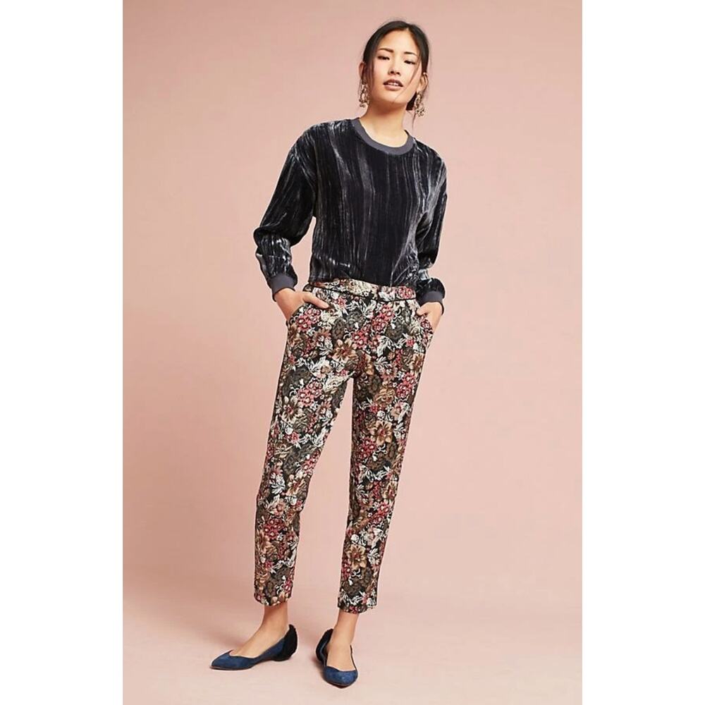 Anthro Maeve Floral Jacquard Pants Black Slim Tapered High Rise Workwear Size 4